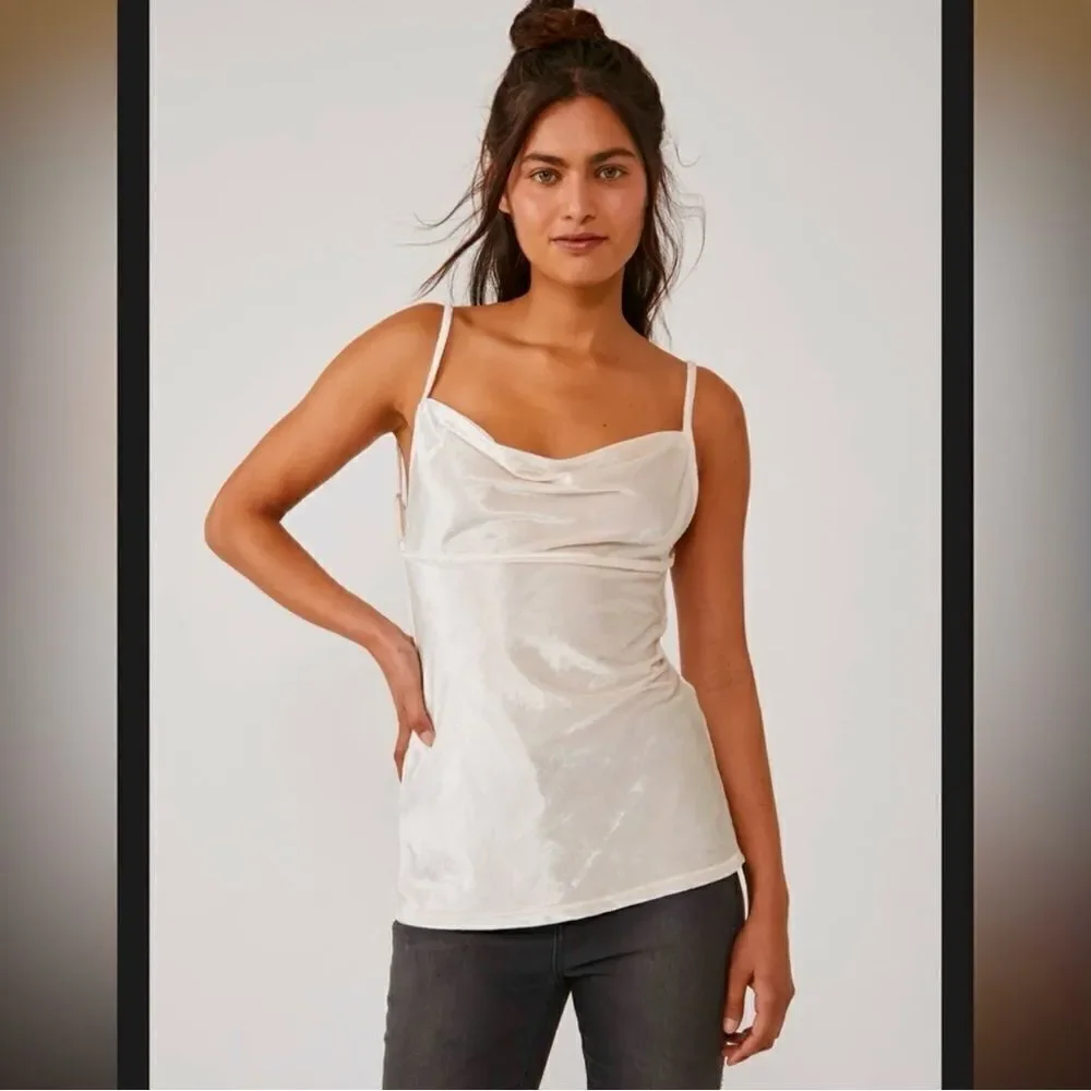 Free People All Night Velvet Top spaghetti strap Tunic cami champagne white $68